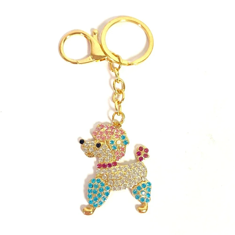 Poodle Rhinestone Keychain Bag Charm Blue Pink Multicolor Gold Tone Metal New